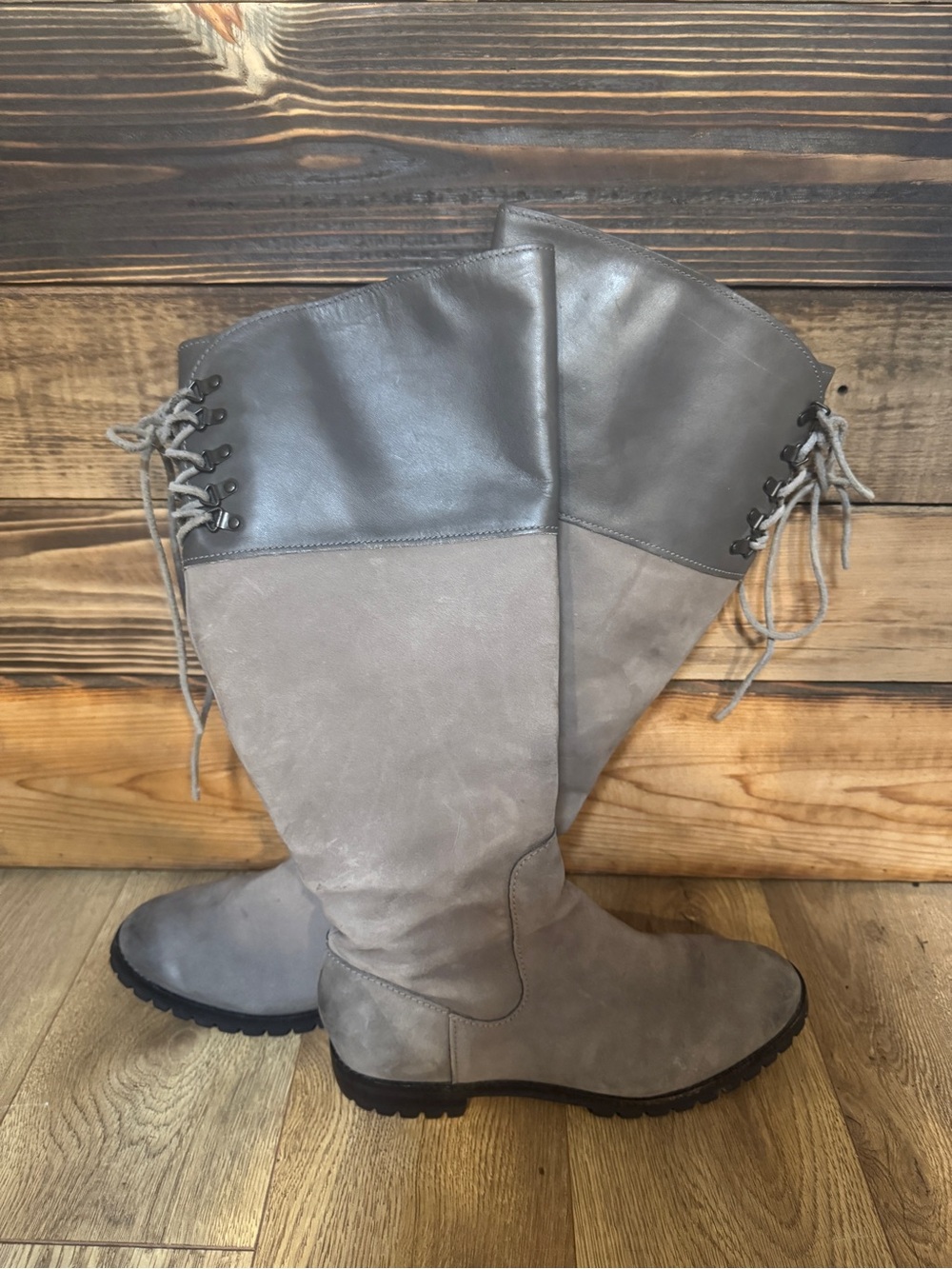 Cole Haan Nike Air knee high boots Sz 10.5 grey with lace back